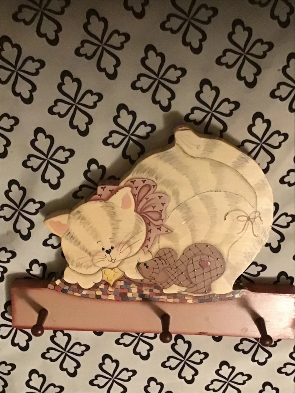 Whimsical Cream & Pink Cat Wooden Wall Hook Rack